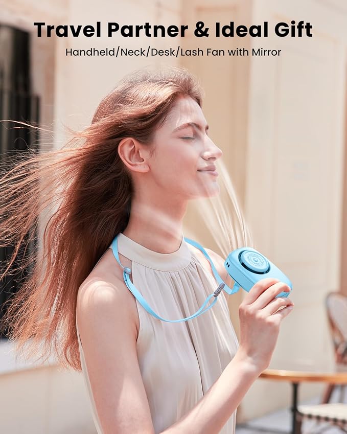 Gaiatop Mini Neck Fan, LED Makeup Mirror, Power Display Portable Fan Blue | 3 Speeds, 360° Rotate Mirror for Handheld Desk Use, Rechargeable Small USB Fan, Personal Cooling Travel Essentials Women Gift