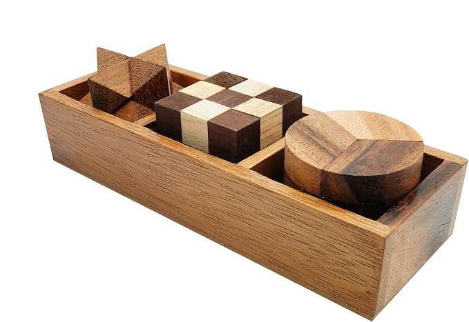 BSIRI 3 Puzzles in a Box - Wooden Brain Teaser Puzzle, 3D Mind Puzzle for Adults, Educational Senior Games, and Brain Games, Ideal for Birthday Gifts and Patio Décor
