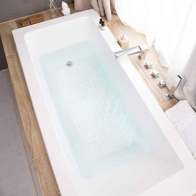 TEESHLY Bath Tub and Shower Mats, Non-Slip 39 x 16 Inch Extra Long Bathtub Mat, Machine Washable BathMat with Drain Holes, Suction Cups for Bathroom (Opaque White)
