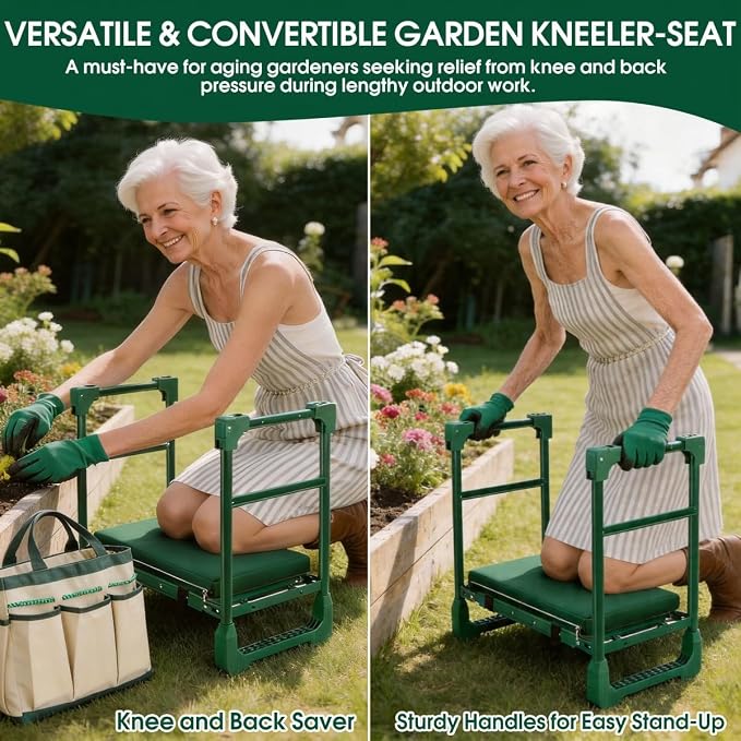 Garden Kneeler and Seat for Seniors: Heavy Duty 600 LBS Support Anti-Tip Multifunctional Gardening Stool Bench with Widened Thick Soft Kneeling Pad & Tool Bag - Foldable for Gardeners