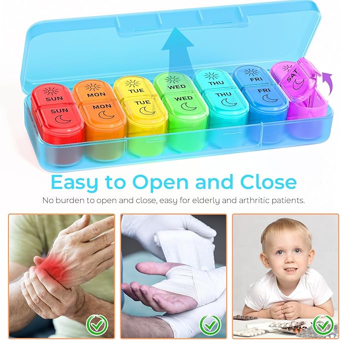 Weekly Pill Organizer 2 Times a Day - AM PM Pill Organizer with 7 Daily Color-Coded Small Cases, Morning and Night Travel Pill Cases for Vitamins, Medicine, & Supplements