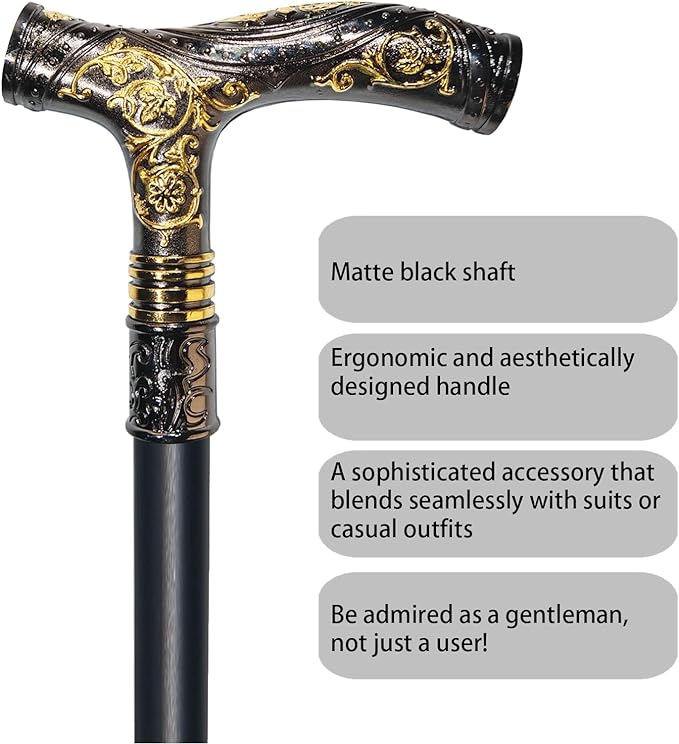 Walking Cane for Men & Women - 36.5 inch Heavy Duty 500+ lbs Capacity, Ergonomic Handle, Decorative & Ornate Fancy Design, Gothic & Goth Elegant Matte Black & Gold Artistry, Metal Cane
