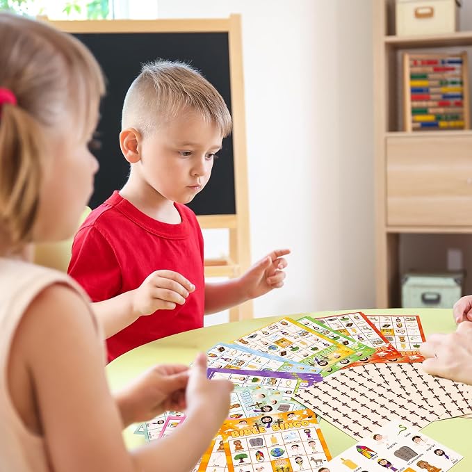 WorldBazaar Bible Bingo Game for Kids 24 Players Jesus Christian Bingo Game Cards Vacation Bible Sunday School Church Family Open Day Classroom Supplies