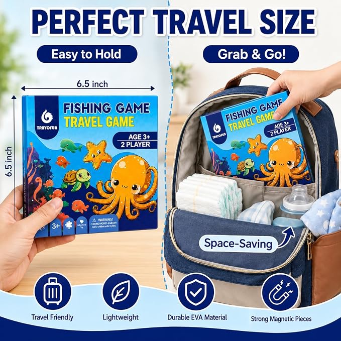 TRAVOFUN Magnetic Fishing Game Book for Kids Ages 3-8, Travel Toys for Toddlers 3-5, Road Trip and Airplane Activities, Quiet Portable Car Ride Toy with 2 Poles and 27 Ocean Fish