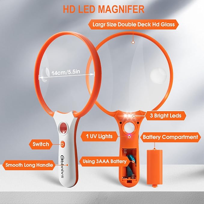 Large Magnifying Glass with Light, Magnifier Handheld Illuminated Lighted Magnifier with 3 LED Lights 1UV Light Storage Bag Clean Cloth for Seniors Reading Inspection (Orange)