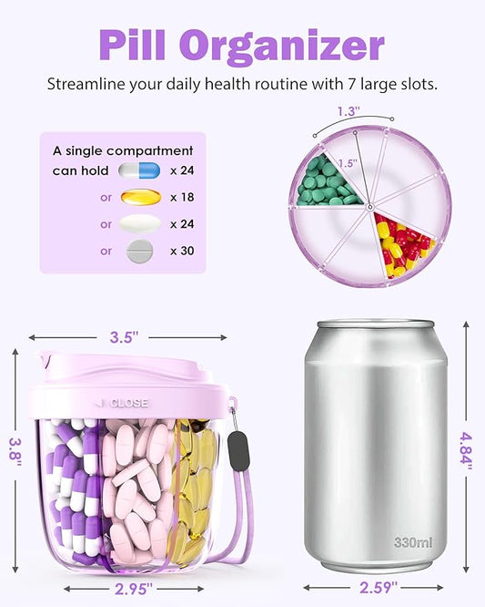 Cute Pill Organizer,Pill Dispenser with 7 Large Compartments,Portable Pill Bottle Box with Wide Opening for Easy Use, Anti-Mix Pills Organizer for Travel,Includes 20 Pcs Sticky LabelsďźPurpleďź