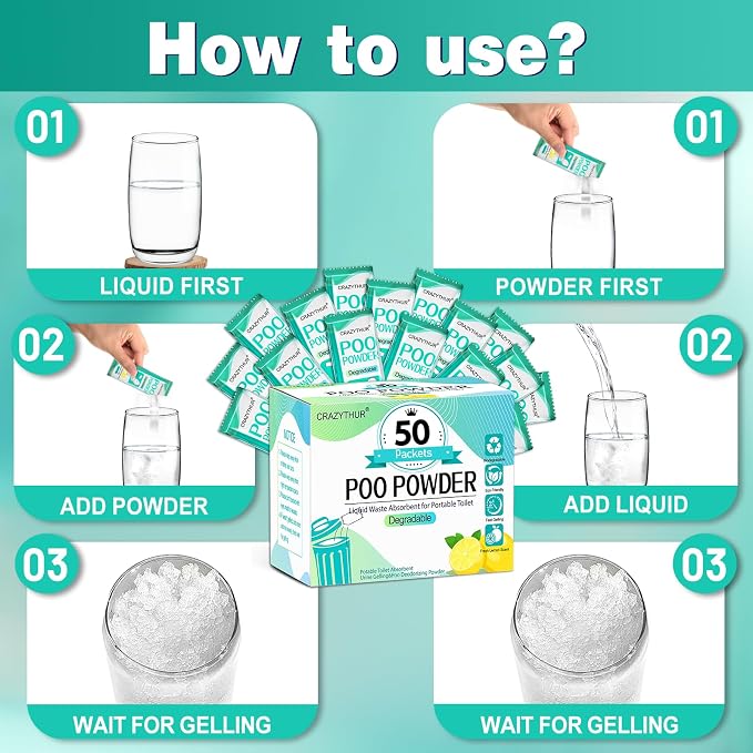 Poo Powder for Portable Toilet Gel Powder, Camping Toilet Gel | Pee Powder, Eco Toilet Gel for 650ml Urine/10g, Toilet Gel Powder for Outdoor Camping and Hiking