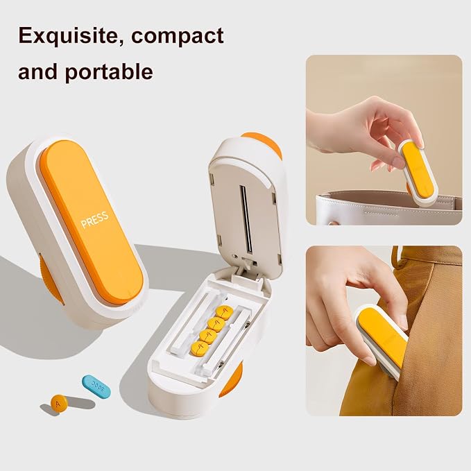 Pill Cutter Splitter for Small and Tiny Larger Pills. |ONE Button Easy Push Accurately Cuts Multiple Pills at Once. Sharp Blade with Safety Guard. Non-Slip Silicone Edge (Orange)