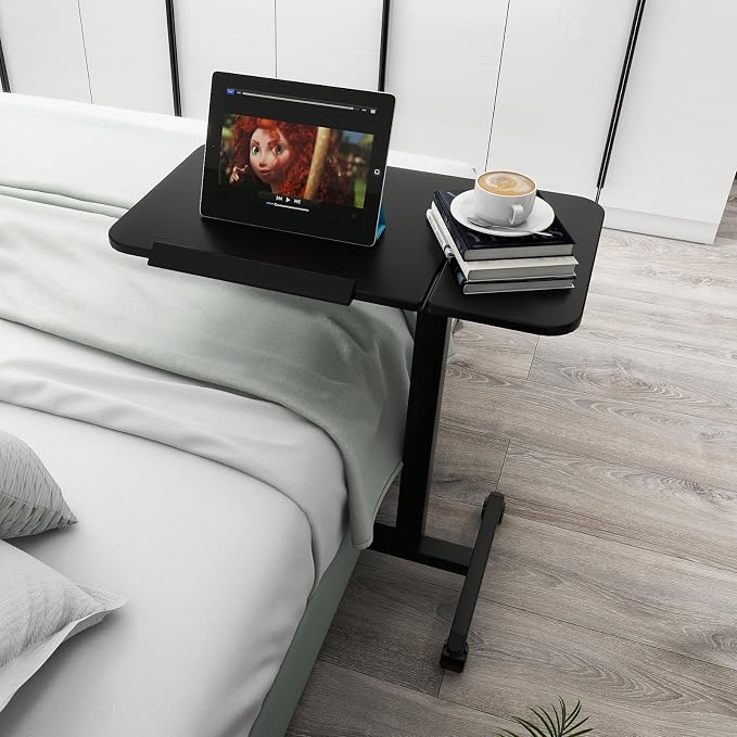 PUNCIA 28" Overbed Table with Split Tilting Desktop,Pneumatic C Table,Black | Mobile Laptop Desk for Bedside, Height Adjustable End Table with Wheels, Computer Cart for Home Sofa Office & Hospital Use