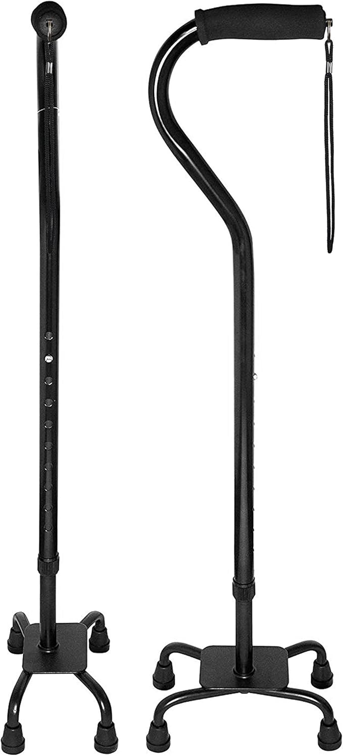 RMS Quad Cane - Adjustable Walking Cane with A Large Four-Pronged Base for Extra Stability - Foam Padded Offset Handle for Secure & Comfort Grip - Works for Right or Left Handed Men or Women