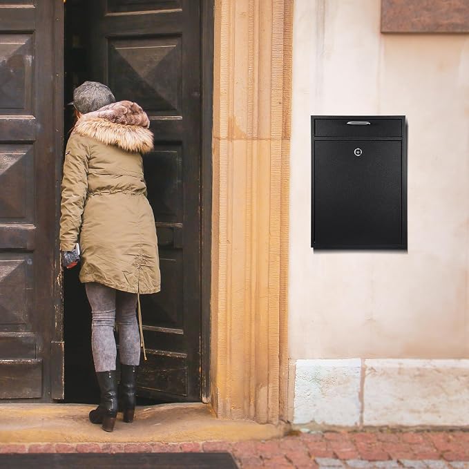 Yaocom Large Locking Mailbox with Key for Outdoor 16.2 x 11.2 x 4.7 Inches Large Wall Mount Mail Box with Lock Security Mail Drop Metal Collection Boxes Hanging Secure Postbox(Black)