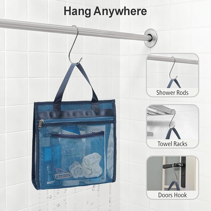 Small Mesh Shower Caddy Portable - Zipper Gym Travel Shower Bag, Navy Blue | 3 Pockets, Quick-Dry Mesh, S-Hook, Hanging Shower Caddy for Toiletry Essentials, Bathroom & Camping