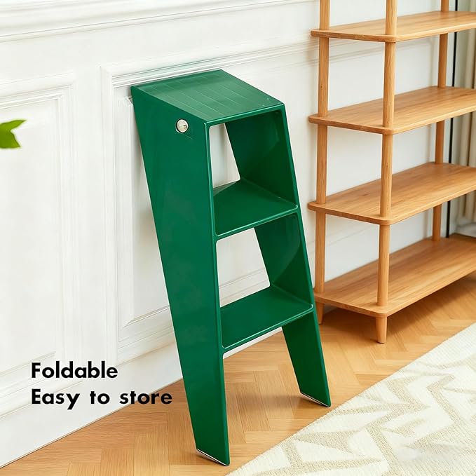 Acrylic 3 Step Ladder Folding Step Stool for Adults Foldable Small Step Stool Ladder for Kitchen Plastic Stepladder Modern Collapsible Ladder for Closet Home Bathroom Indoor (Green)