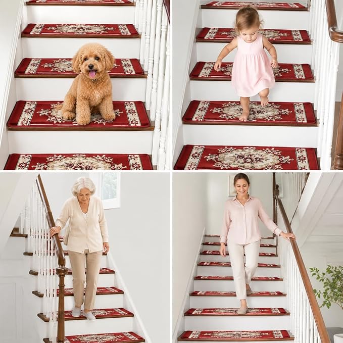 Rounded Bullnose Carpet Stair Treads for Wooden Steps Indoor, No Tape Non Slip Step Mats with TPU Backing & Steel Reinforced Edge for Dogs Elders,Red Medallion,28