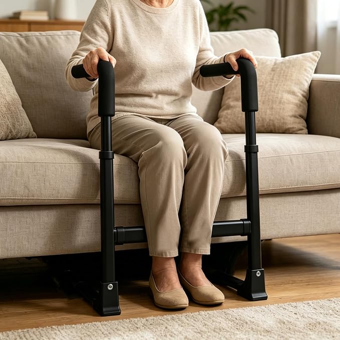Couch Stand Assist for Elderly Seniors, Adjustable Height & Width, Black | Non-slip handles for secure grip. Supports 400 lbs. Heavy duty frame. Use on couch, chair & low seats.