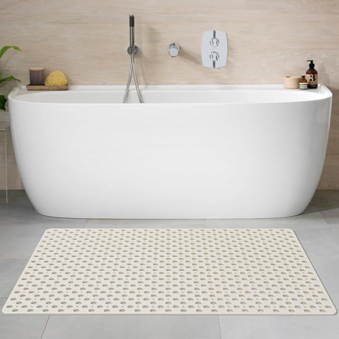 Yolife Extra Large Shower Mat 47x32 inch, Non Slip Shower Mat for Inside Shower with Drain Holes and Suction Cups for Bathroom, No Odor TPE Shower Floor Mat,White