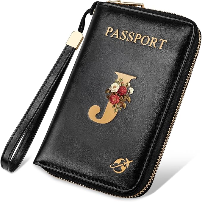 Passport Holder for Travel Personalized Wallet with Wristlet Women | Passport Cover, RFID Blocking, Passport Book Holders, Back Coin Pocket, Zipper Closure, Roses Initial Letter, Black J