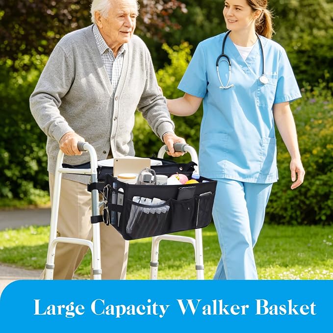 Walker Basket for Seniors, Walker Storage Bag with Reinforced Tray | Large Capacity Walkers Organizer, Multi Pockets, Stable Walker Accessories for Reading Eating Daily Essentials