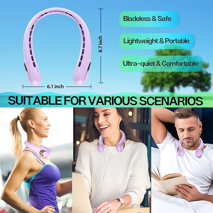 KIDEE Portable Neck Fan, Neck Fans Rechargeable, Upgraded LED Display, 4000 mAh Battery Operated, Personal Wearable Fans, Gifts for Women Men 2 Pack Light Purple