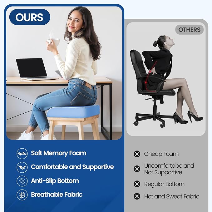 SweetSlubr Seat Cushion for Tailbone Pain Relief, Office Chair Cushion, Memory Foam Large Chair Pad with Non-Slip Cover for Soft Support at Office Chair, Car Seat, Airplane Light Blue/X-Large