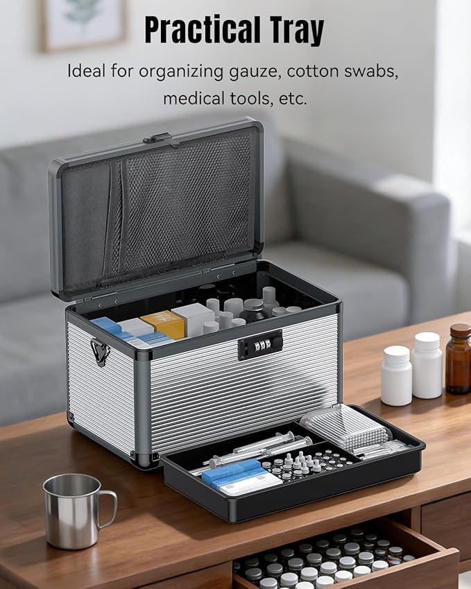 Uniclife Medicine Lock Box, 12" x 7" x 7.5", Portable Medication Lock Box with Combination Lock, Handle & Shoulder Strap, Metal Lockable Storage Box, Security Lock Box for Medications, Medicine Safe