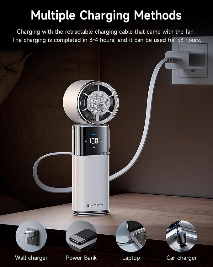 Space Player Portable Handheld Fan, 9000mAh, Turbo Airflow, Cooling Plate | 100 Adjustable Speeds, LED Display, USB-C Rechargeable, 4-in-1 Design for Neck Wear, Desktop, Hanging, Travel and Outdoor Use