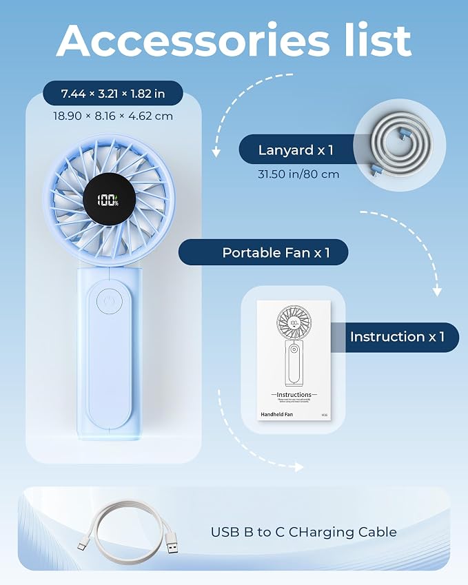 Peiyuu Portable Fan, 4000mAh Rechargeable, 180° Foldable Mini Desk Fan with 6 Wind Speed, LCD Digital Display, Lanyard as Neck Fan, Ultra Quiet, Pocket Size for Indoor Outdoor