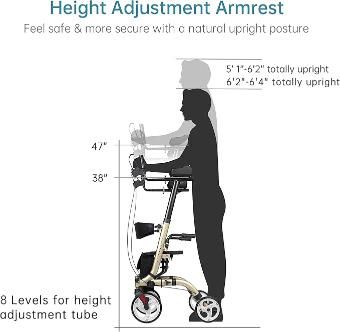 ELENKER Upright Walker, Stand Up Folding Rollator Walker Back Erect Rolling Mobility Walking Aid with Seat, Padded Armrests for Seniors and Adults, Champagne