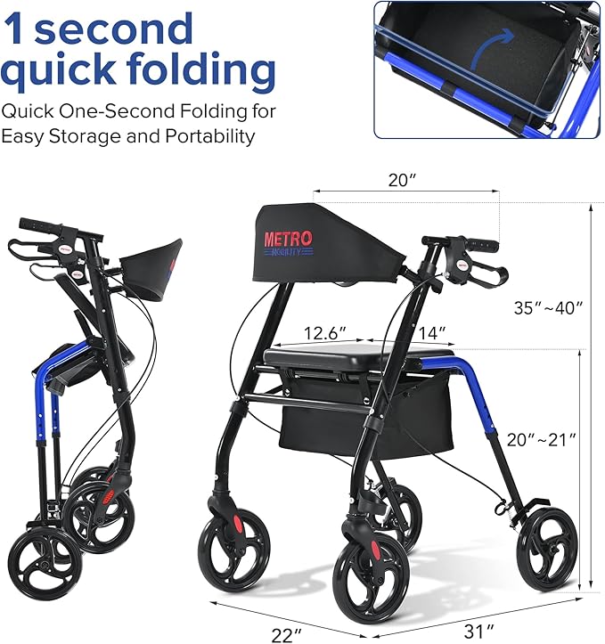 Metro Mobility Rollator Walker with Seat for Seniors, Foldable Lightweight Rolling Walker, 8" Big Wheels for All Terrain, 300 lb. Weight Capacity, Blue