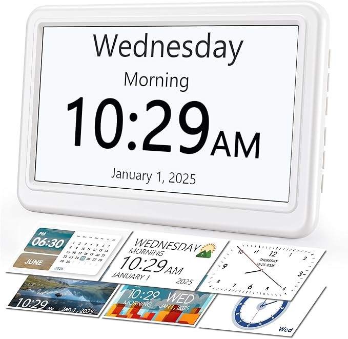 Dementia Clock for Seniors with Large Display & Medication Reminders | 12 Themes, 20 Custom Alarms, 18 Ringtones, Automatic Dimmer, Digital Calendar Display/Alzheimers for Elderly