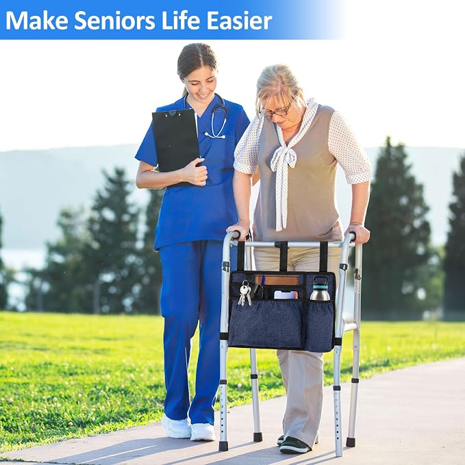 Walker Bag Basket with Cup Holder for Folding Walker Accessories | Walker Bag Carry Storage Pouch Water-Resistant for Seniors, Elderly, Handicap