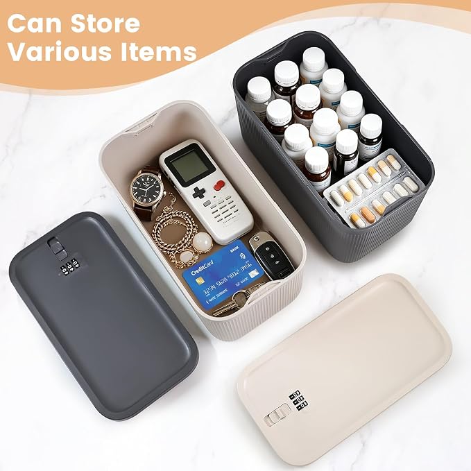 Medicine Lock Box with Code,Taller Size Small Lock Box with Combination Code for Medication Safe,Lock Box for Pills/First Aid Kit/Snack/Ipad Mini,Locked Container for Home/Office 9.4X5.5X5.7inch Beige