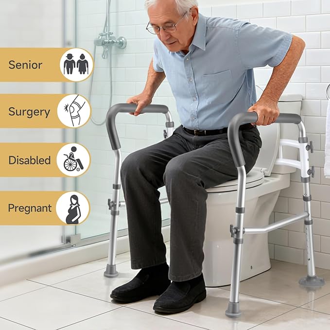 Toilet Safety Rails for Seniors, Adjustable Toilet Safety Frame Handles Fits Most Toilets, Gifts for Handicap and Disabled Seniors Elderly, Foldable, Safe Weight Capacity of 330 lbs(150KG)