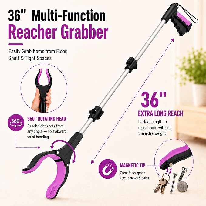 36" Grabber Reacher Tool, Reacher Grabber Pickup Tool with 4" Wide Anti-Slip Jaw, Rotating Head and Magnetic Tip, Grabbers for Seniors, Post-Surgery Use Heavy Duty, Purple Pink