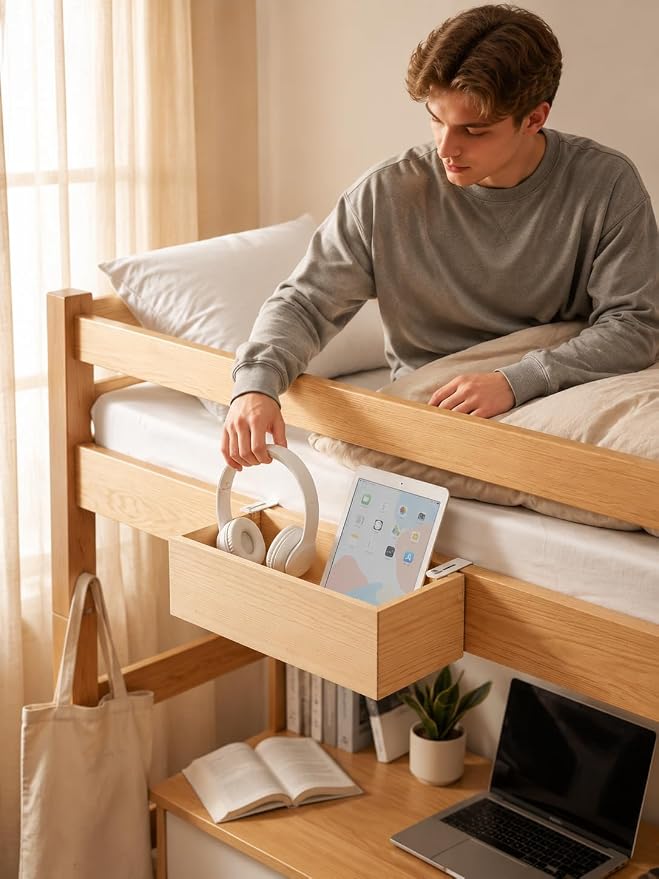 Bamboo Dorm Bedside Caddy Shelf for Bunk Bed | Dorm Bed College Dorm Room Essentials Bed Shelf Side Table Storage Decor for Teen Girl boys