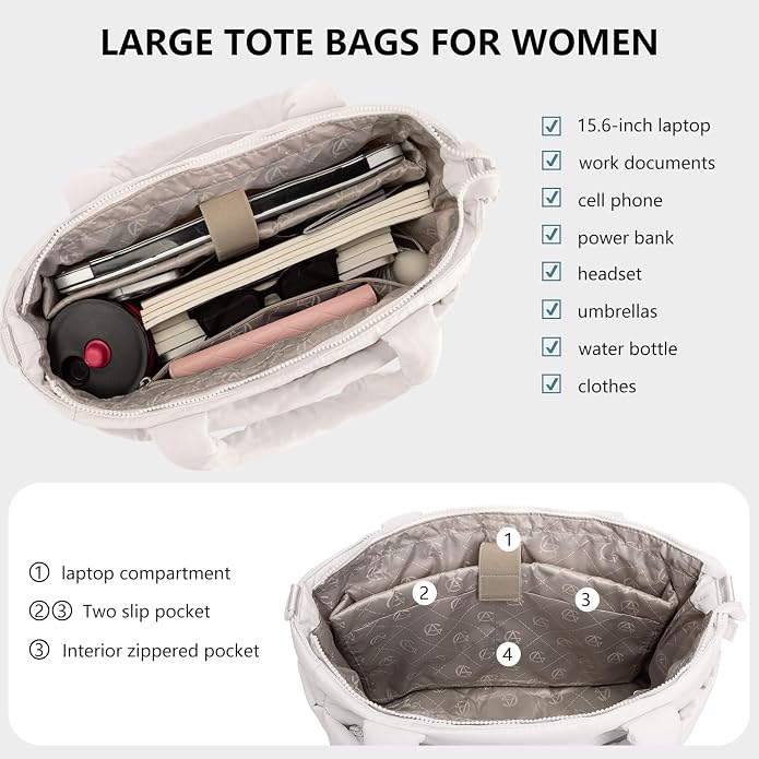 Puffer Tote Bag for Women Quilted Nurse Bag Lightweight Work Bag for Teacher Travel Handbag with Multiple Pockets