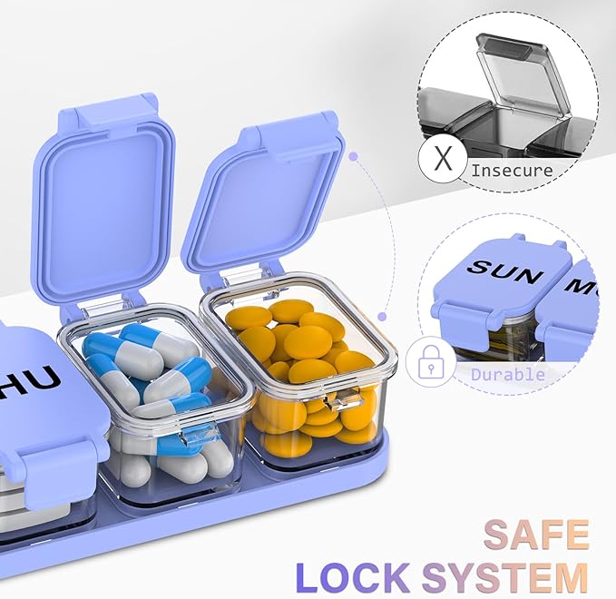 2-Pack Extra Large Weekly Pill Organizer, Travel Pill Box 7 Days, XL Vitamin Holder with 7 Detachable Compartments, Daily Pill Case for Home and Travel