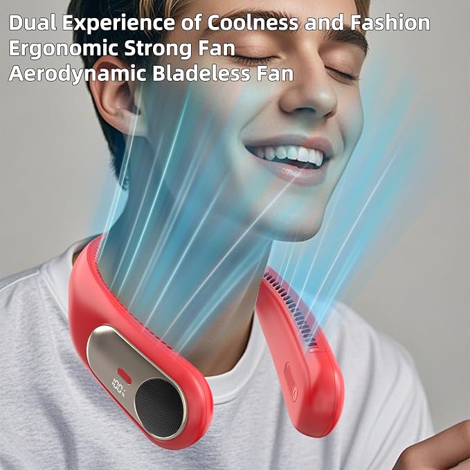 Portable Neck Fan, Personal Wearable Bladeless Fan for Outdoor Indoor, LED Display, 360° Cooling, 4-Speeds, 6000mAh USB Rechargeable, Birthday Gifts for Men Women Dad Mom (Red)