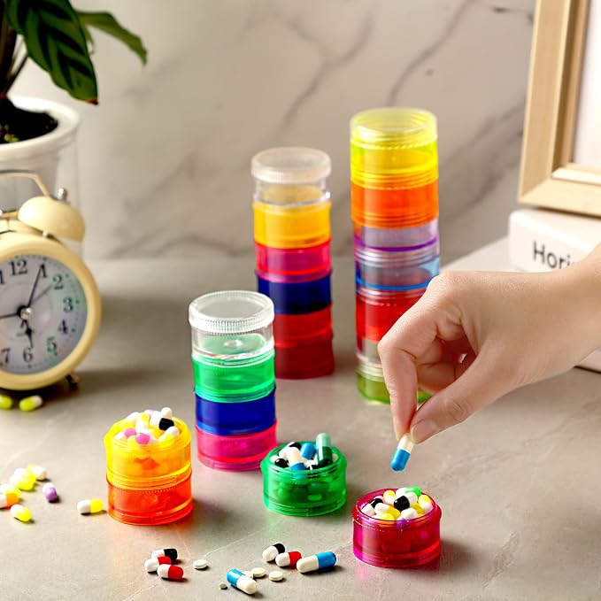 Sieral 8 Pieces 7 Days Stackable Pill Organizers 7 Compartments Round Pill Boxes Tower Weekly Vitamin Individual Storage Containers Travel Cases with Lids for Medications, Vitamins and Supplements