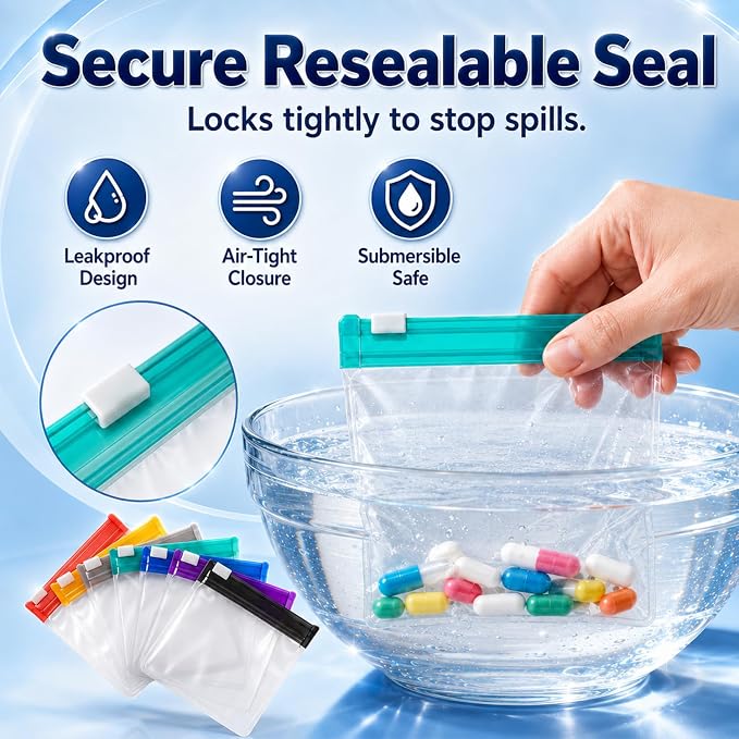 14 Packs Self Sealing Medicine Bags, Waterproof Travel Medicine Bag Set for Suitable for Repackaging and Storing Medicines, Vitamins and Supplements, Reusable Zipper Storage Bags for Daily Use
