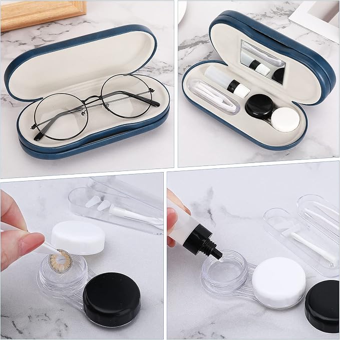 MoKo Double Eyeglass Case, Contact Lens Case with Mirror Tweezers Remover, 2 in 1 Double Sided Portable Contact Lens Box Holder Container Soak Storage Kit Sunglasses Pouch for Men & Women, Blue