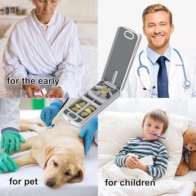 Pill Cutter with Auto Centering Device, Aluminum Pill Splitter with 316L Stainless Blade, Genuine Leather Case, Professional Pill Splitter for Cutting Small Pills or Large Pills(Plastic,White)