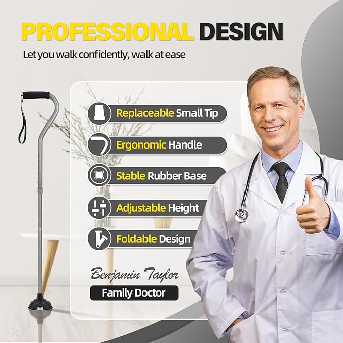 BeneCane Walking Cane Adjustable Cane with Offset Soft Cushioned Handle for Men & Women Lightweight Comfortable Extra Stability Base Mobility Aid for Men Women and Seniors