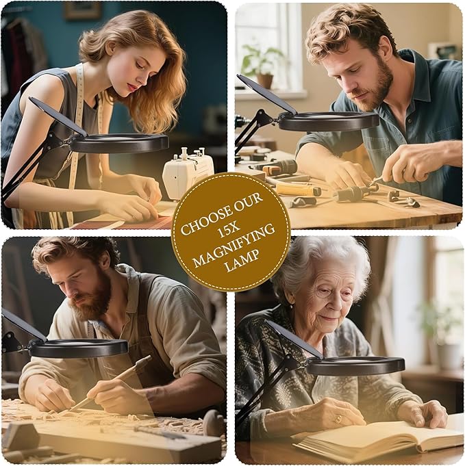 15X Magnifying Glass Desk Lamp with Clamp, Real Glass Lens, 84 LEDs, 5 Color Modes Dimmable, Led Lamp Magnifier with Dust Cover, USB Charger, Clean Cloth, Ideal Gift for Seniors, Crafters, Hobbyists