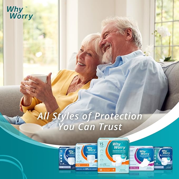 WhyWorry Adult Diapers with Tabs, Maximum Absorbency, Large, 15 Count | Disposable Incontinence Briefs, for Women & Men, Leak-Proof Diaper, Overnight Protection, Odor Control, Unisex