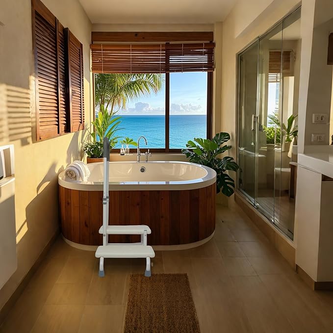 2 Step Stool with Handle for Elderly, Bed Steps for High Beds for Adults, Non Slip Platform and Adjustable Handrail, for Kitchen Bathroom RV Bathtub, Assist Rail for Elderly, Seniors, Hold up to350LBS