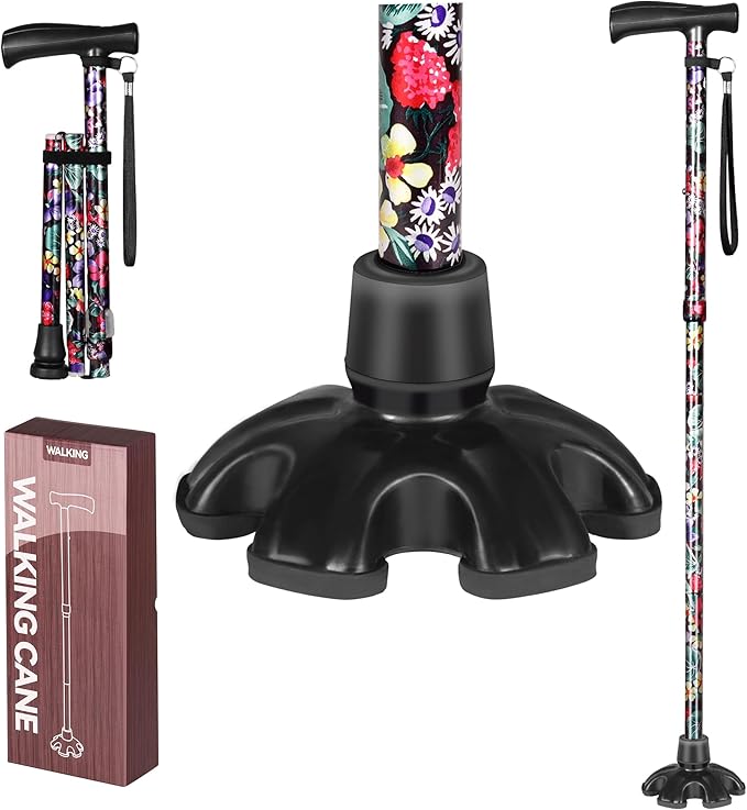 Floral Canes for Women Folding Cane for Stability with Non-Slip Base, Adjustable Walking Cane for Seniors - Lightweight Collapsible Walking Sticks with T & Offset Handle