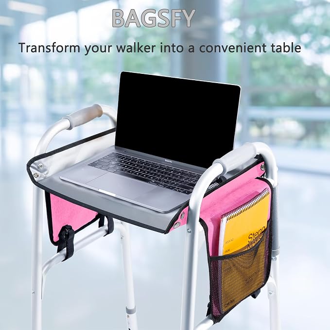 BAGSFY Walker Tray with Cup Holder & Side Pocket – Hard Top Walker Table for Seniors – Folding Walker Accessory for Meals, Reading, Drinks – Non-Slip Surface, Tool-Free Install, Universal Fit