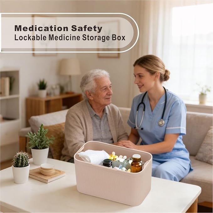 Lockable Storage Box,Medicine Lock Box Travel Case,Refrigerator Bin Container for Food,Medicines,Snacks,Locking Mobile Cell Phone Device Jail,Lockbox for Office,Home,School,Father Gift (Cream Plus)