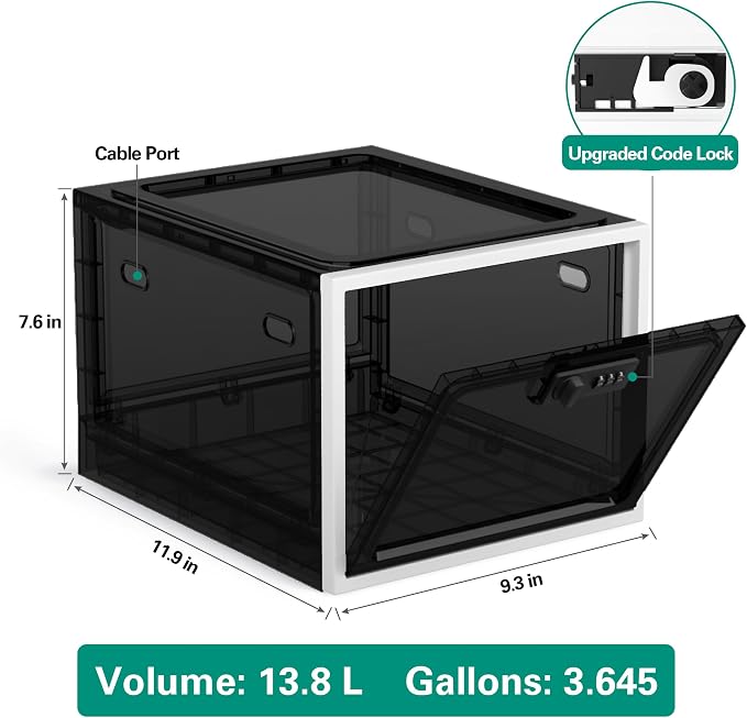 Large Medication Lock Box with Code, Clear Lockable Storage Box for Refrigerator, Cabinet & Dorm, Stackable Medicine Box for Prescriptions, Snacks, Phone, 11.9" x 9.3" x 7.6", Black